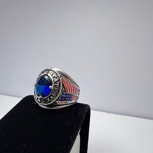 US Navy Ring Mens Size 10 Silver Tone Blue Stone Military American Patriotic